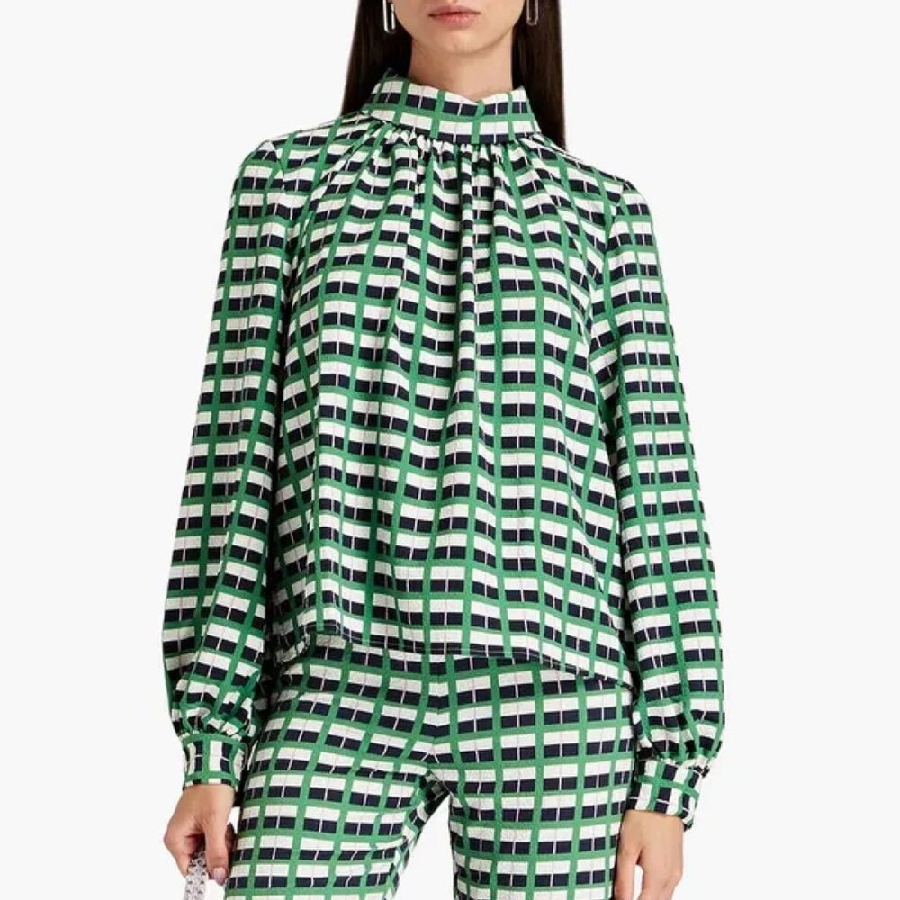 Stine Goya Ashley Checked Cloqué Jacquard Blouse in Green
